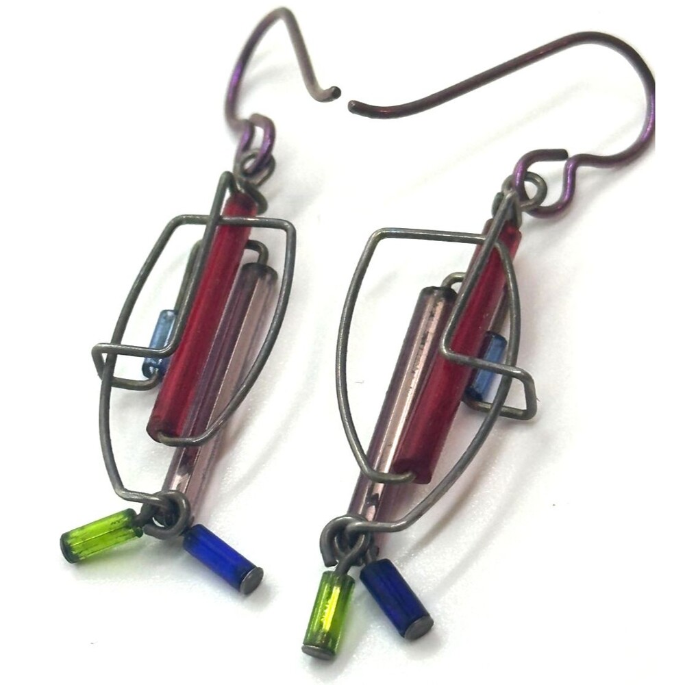 Vintage Barbie Levy Art Glass Earrings Dangling Blue Purple Red Abstract